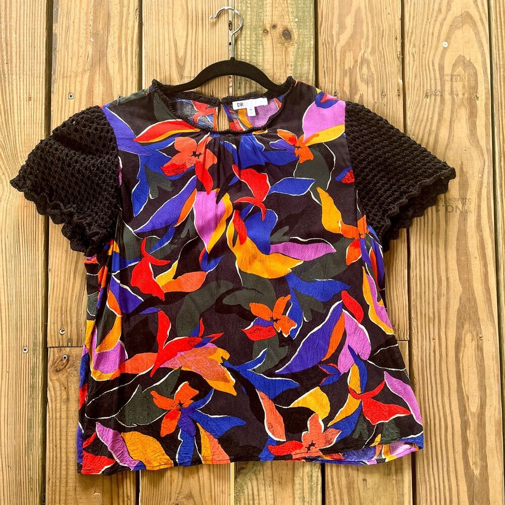 DR2 Tropical Crochet Sleeve Flowy Blouse Top - Tropical Floral - Resortwear - XL